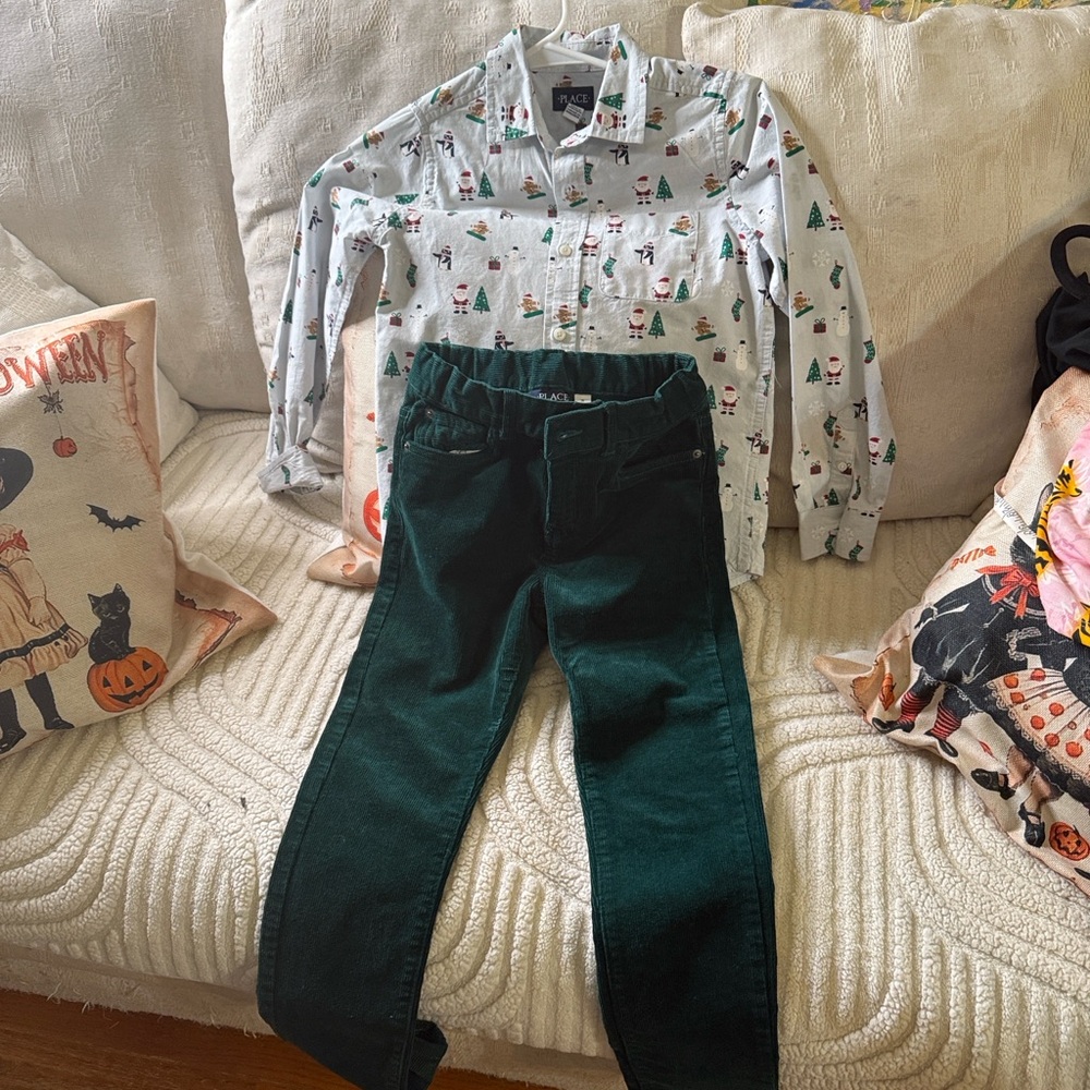 Boys 8/10 Festive Christmas Shirt and size 8 Green Corduroys